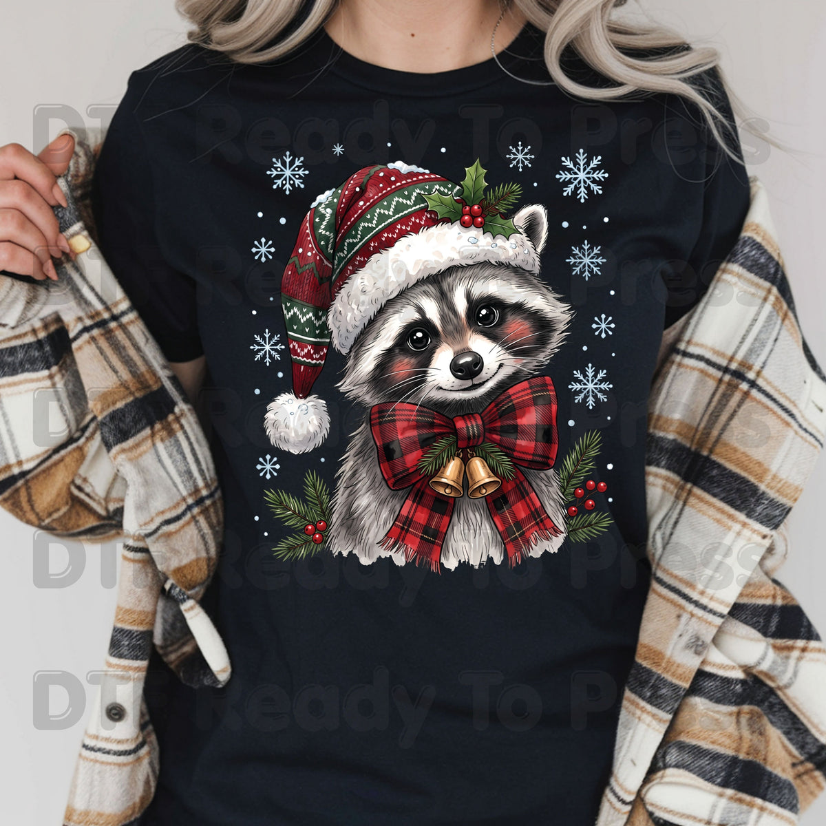Christmas DTF Transfer, Raccoon Santa Hat, Buffalo Plaid Bow and Bells Graphic