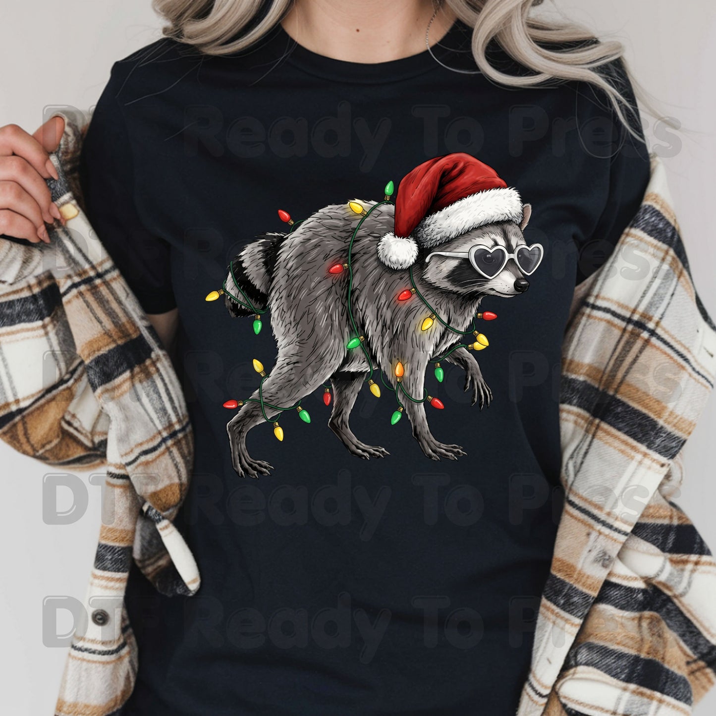 Christmas Raccoon DTF Transfers, Santa Hat Trash Panda Holiday Lights Ready to Press