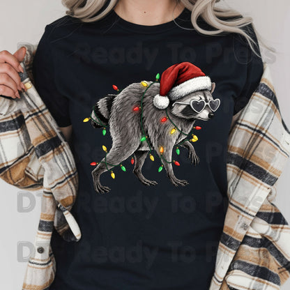 Christmas Raccoon DTF Transfers, Santa Hat Trash Panda Holiday Lights Ready to Press