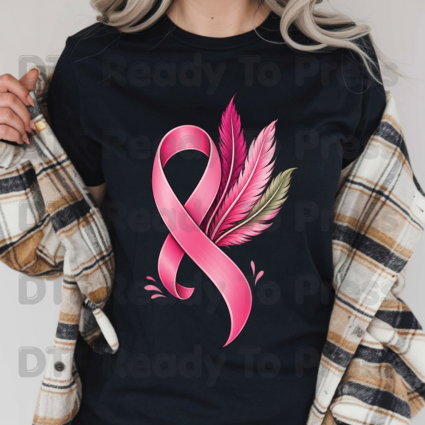 Pink Ribbon Feathers Breast Cancer Awareness DTF Transfer Ready to Press Heat Transfer Survivor Support Tee