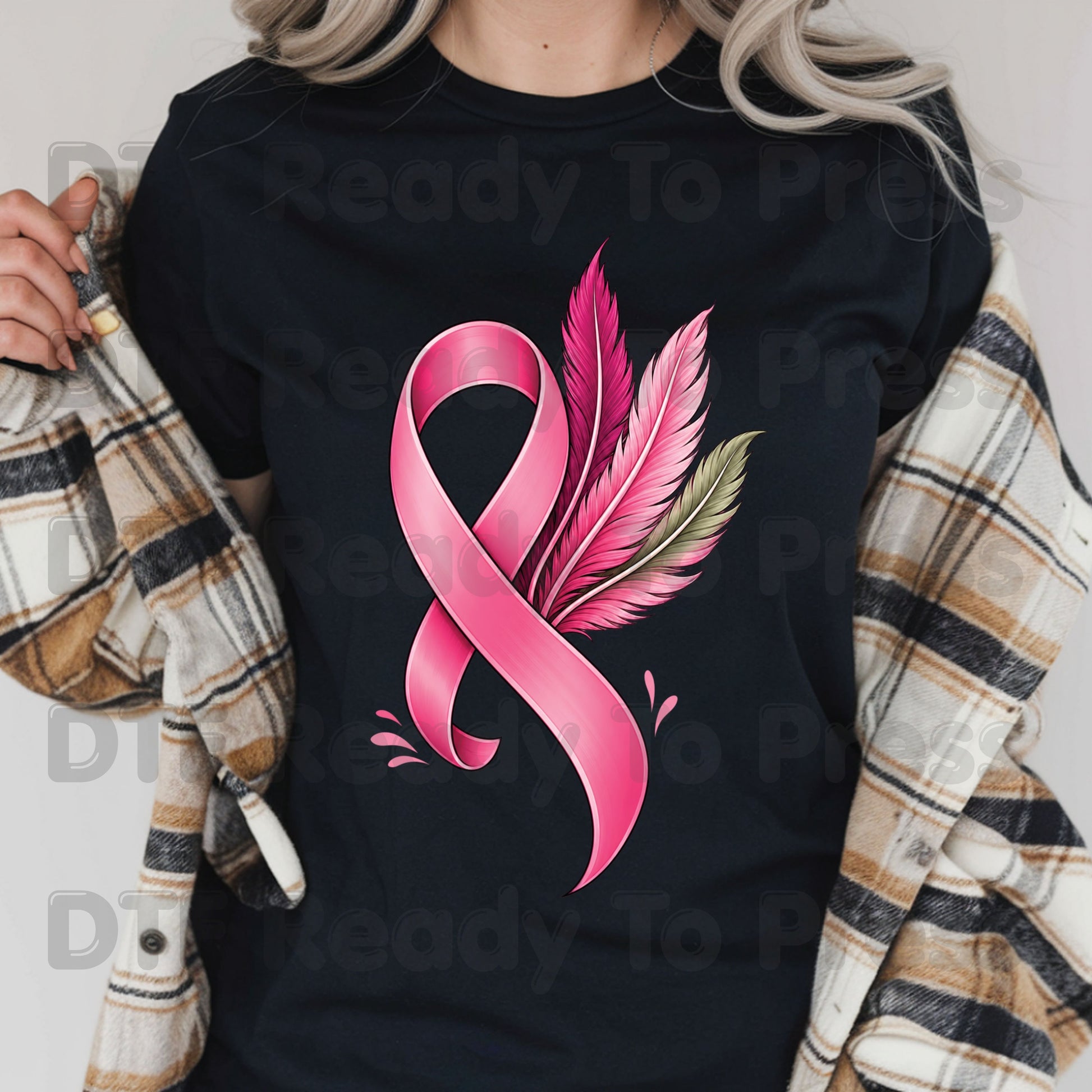 Pink Ribbon Feathers Breast Cancer Awareness DTF Transfer Ready to Press Heat Transfer Survivor Support Tee