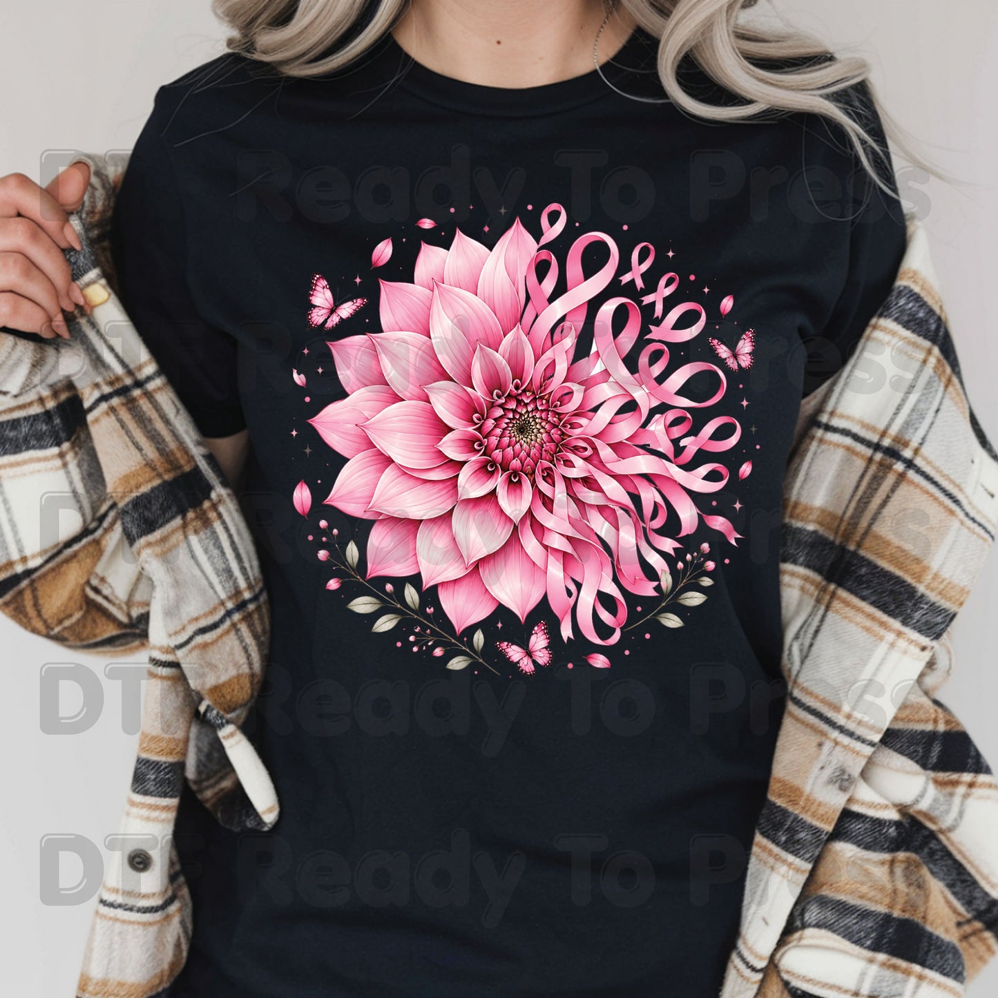 Pink Dahlia Butterfly Ribbon Breast Cancer Awareness DTF Transfer Ready to Press Heat Transfer Tee