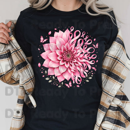 Pink Dahlia Butterfly Ribbon Breast Cancer Awareness DTF Transfer Ready to Press Heat Transfer Tee