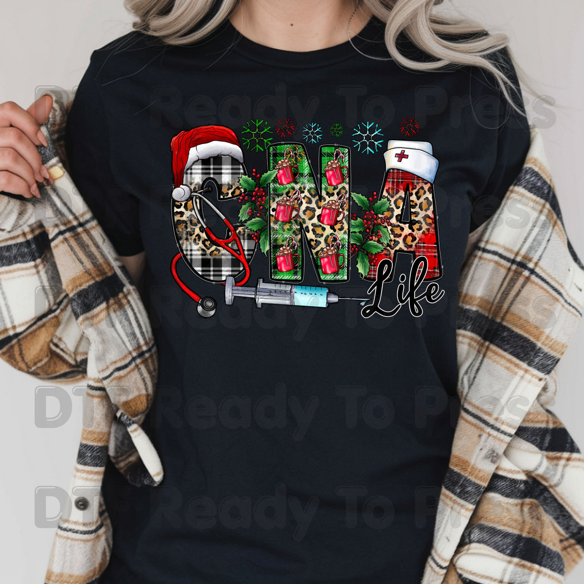 Christmas CNA Life DTF Transfers, Medical Nurse Leopard Plaid Syringe Holiday Ready to Press