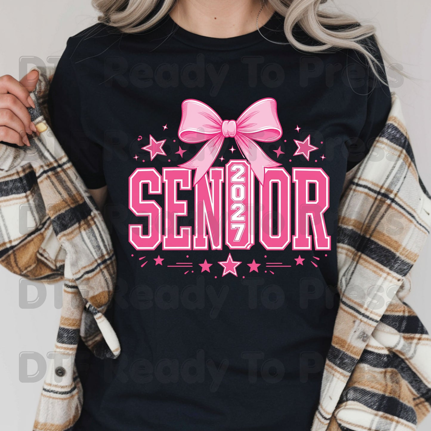 Senior 2027 DTF Transfer Ready to Press Graduation Heat Transfer for Shirts Pink Coquette Bow Varsity Letters Stars Graphic Tee