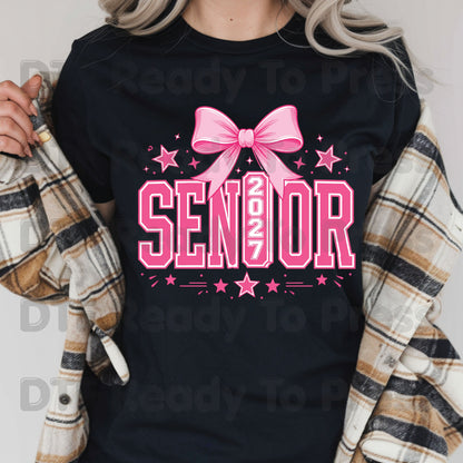 Senior 2027 DTF Transfer Ready to Press Graduation Heat Transfer for Shirts Pink Coquette Bow Varsity Letters Stars Graphic Tee