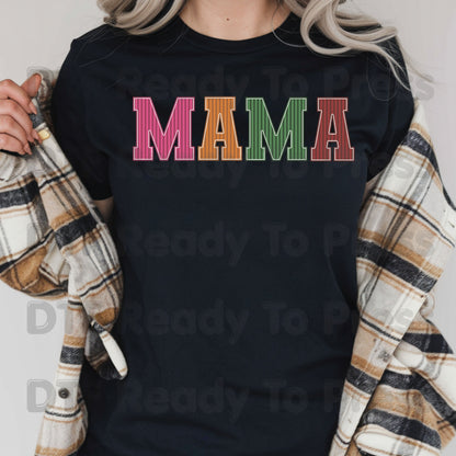Mama DTF Transfers, Striped Colorful Retro Varsity Letter Mama Ready to Press