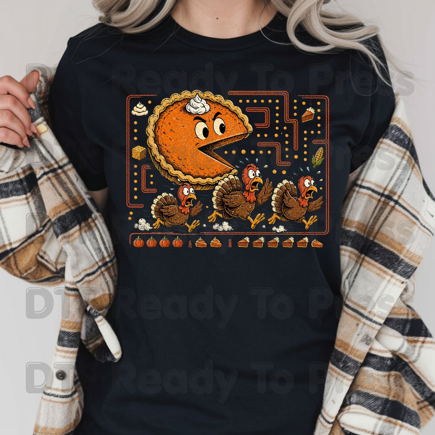 Funny Thanksgiving Pacman DTF Transfers, Pumpkin Pie Chasing Turkeys Maze Video Game Ready to Press