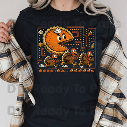 Funny Thanksgiving Pacman DTF Transfers, Pumpkin Pie Chasing Turkeys Maze Video Game Ready to Press