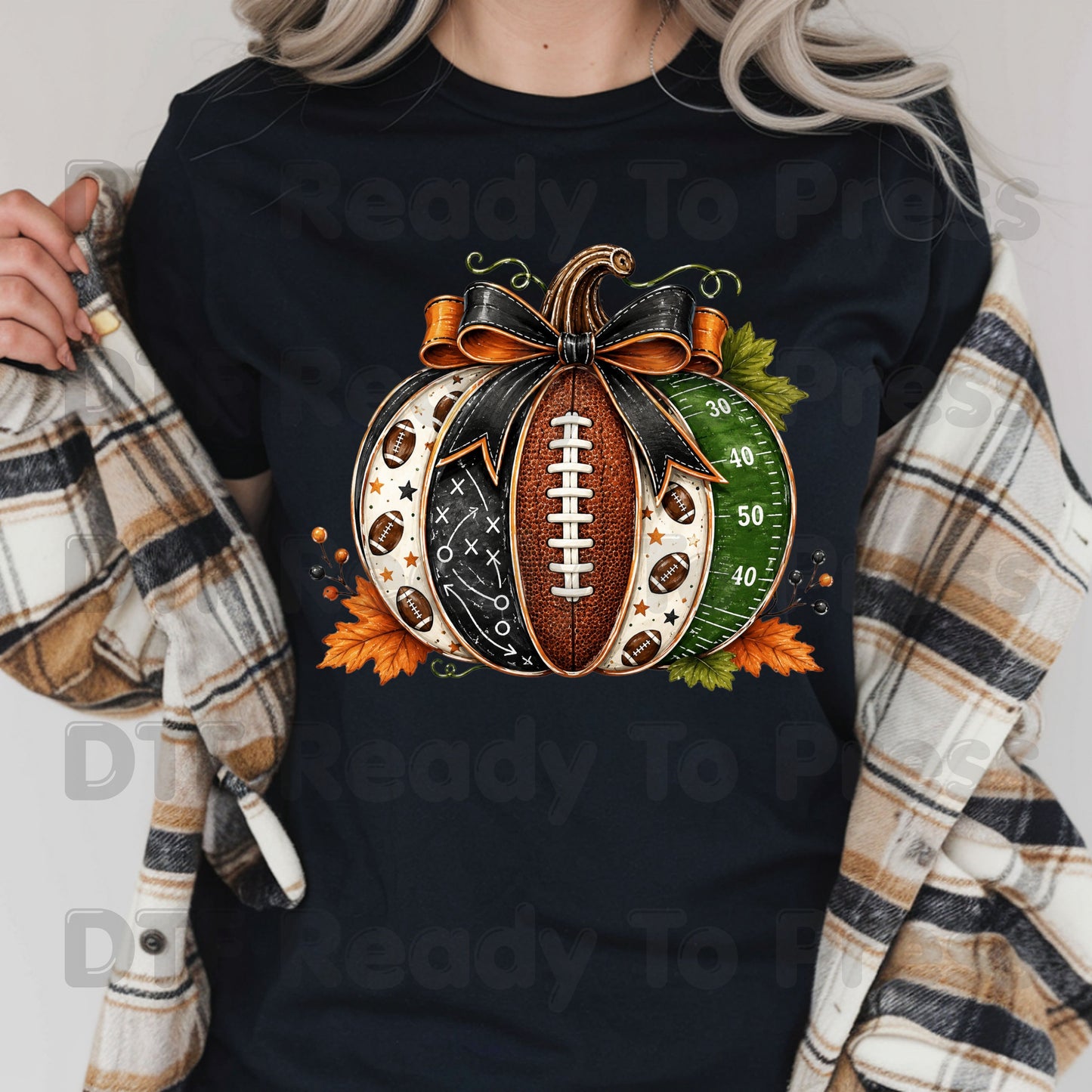 Football Pumpkin Bow DTF Transfers, Fall Game Day Football Field Patchwork Autumn Ready to Press