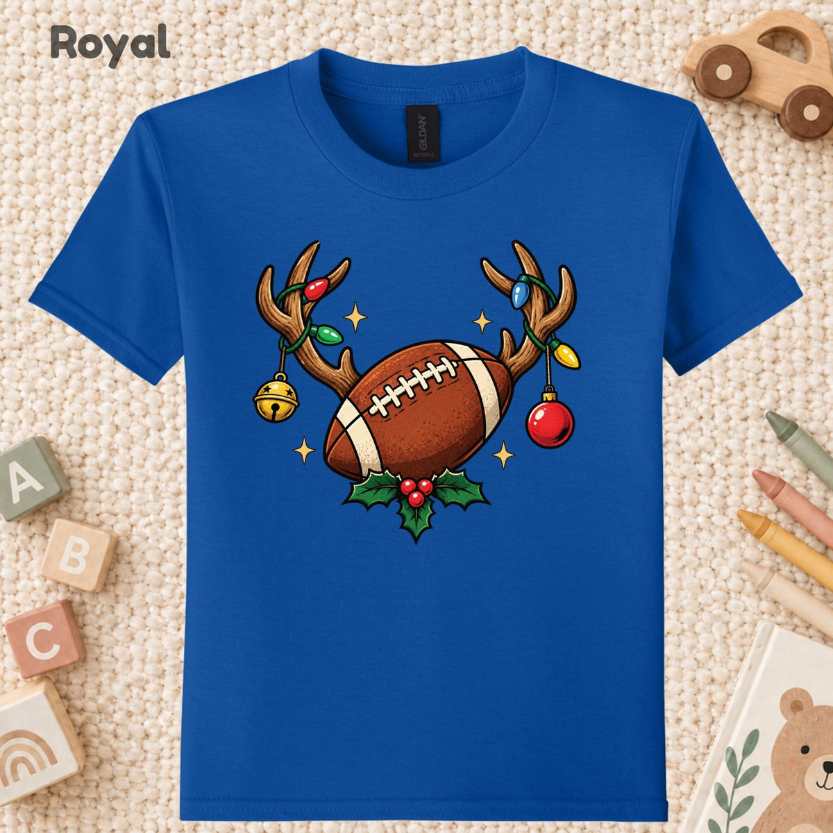 Christmas Football T-Shirt, Reindeer Antlers Lights and Holly Tee, Festive Holiday Sweatshirt