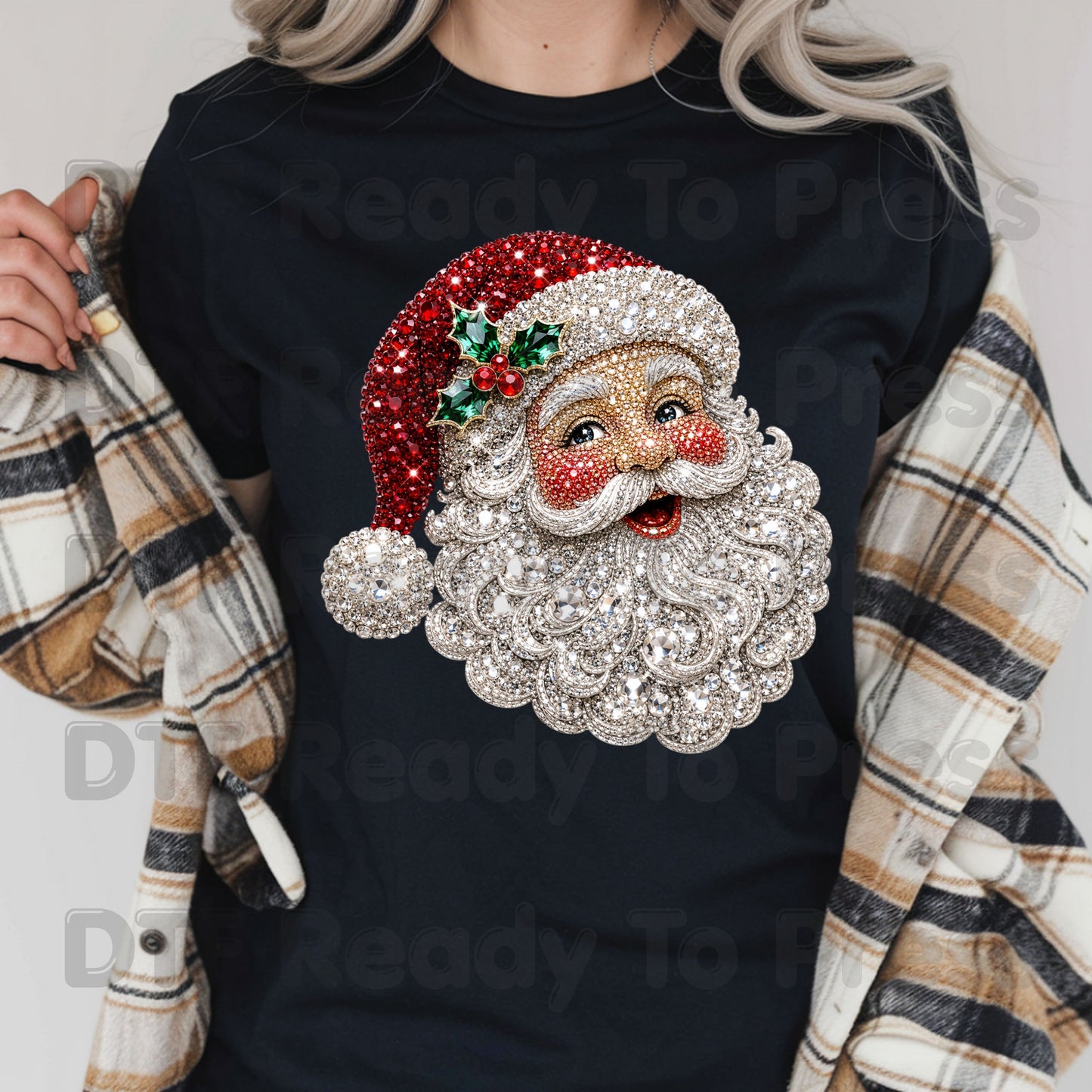 Christmas Santa Claus DTF Transfers, Vintage Bejeweled Rhinestone Santa Head Festive Holiday Ready to Press