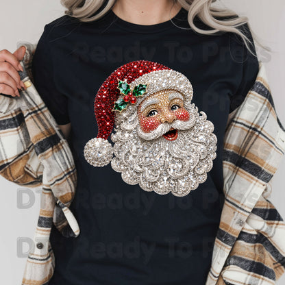 Christmas Santa Claus DTF Transfers, Vintage Bejeweled Rhinestone Santa Head Festive Holiday Ready to Press