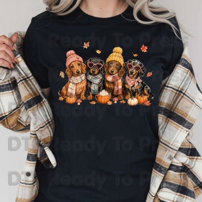 Fall Dachshund DTF Transfer Ready to Press Cozy Beanie Scarf Heat Transfer For Shirts Wiener Dog Pumpkin Spice Leaves Autumn Doxie Gang