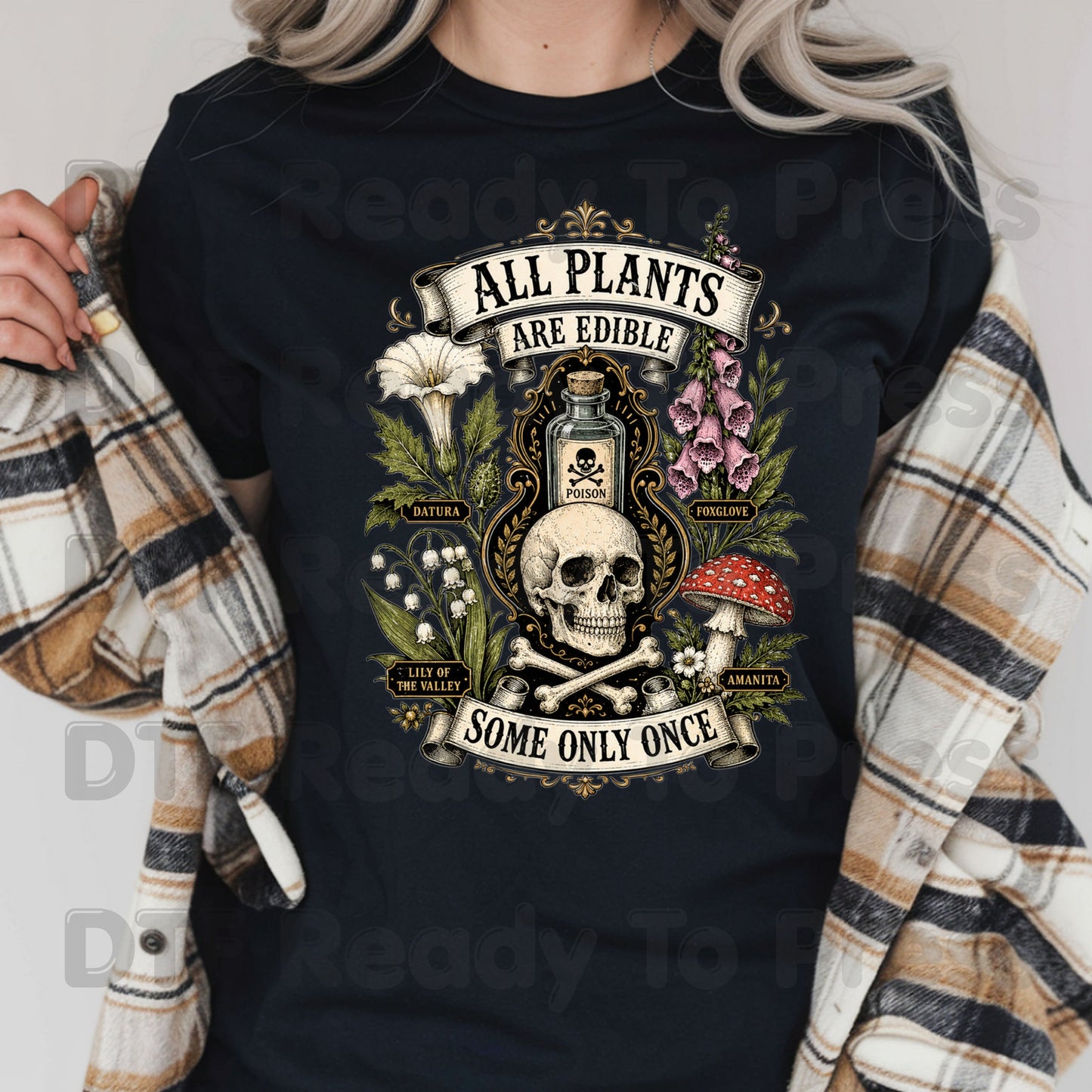 Funny Botanical DTF Transfers, All Plants Are Edible Some Only Once Poisonous Mushroom Skull Vintage Ready to Press