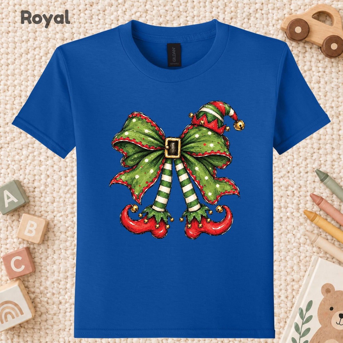 Christmas Elf T-Shirt, Green Bow Striped Legs Tee, Cute Holiday Sweatshirt