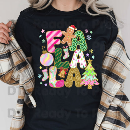 Fa La La Gingerbread Christmas DTF Transfers, Colorful Pink Christmas Tree Holiday Ready to Press