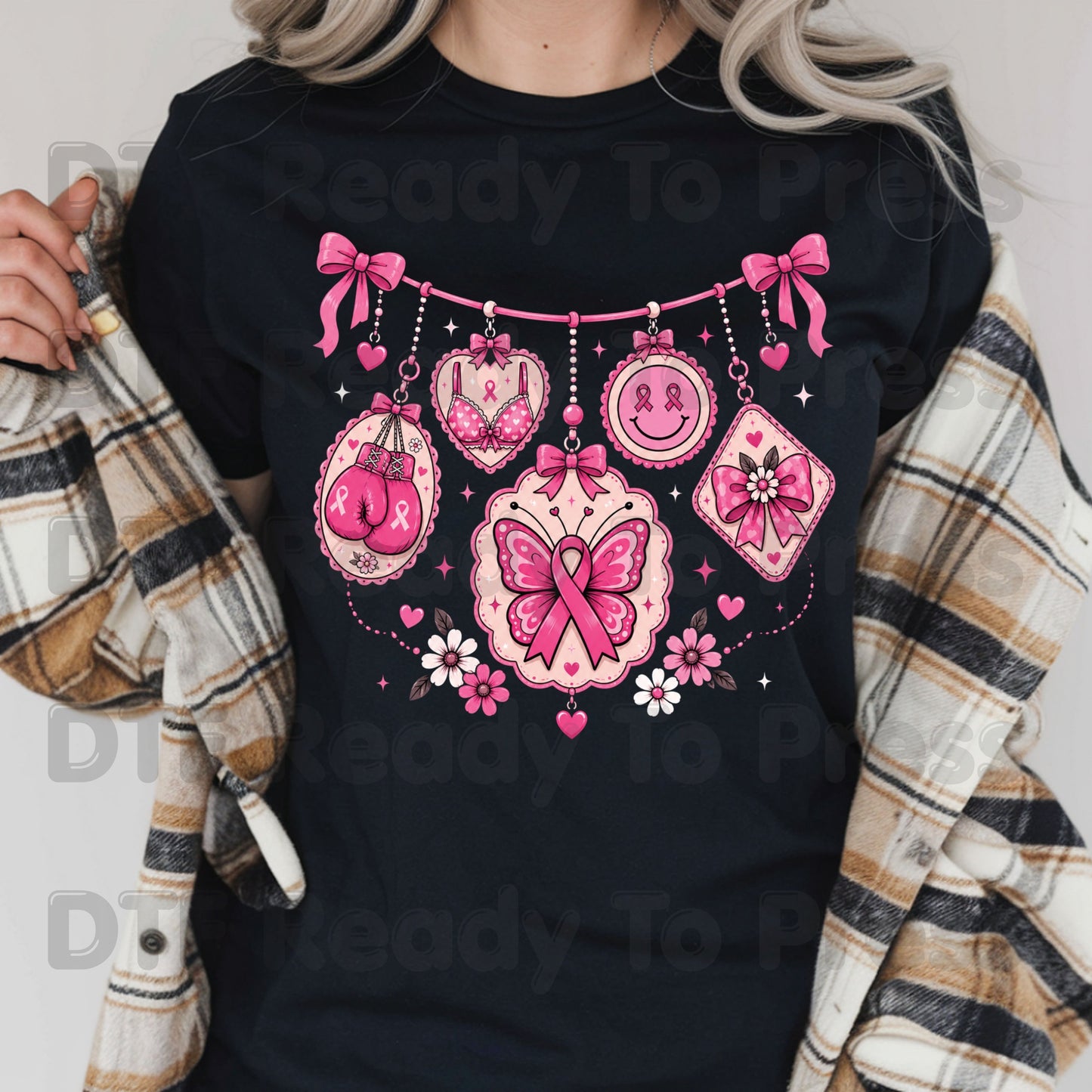 Pink Ribbon Breast Cancer Awareness Charms DTF Transfer Ready to Press Heat Transfer Butterfly Bow Tee