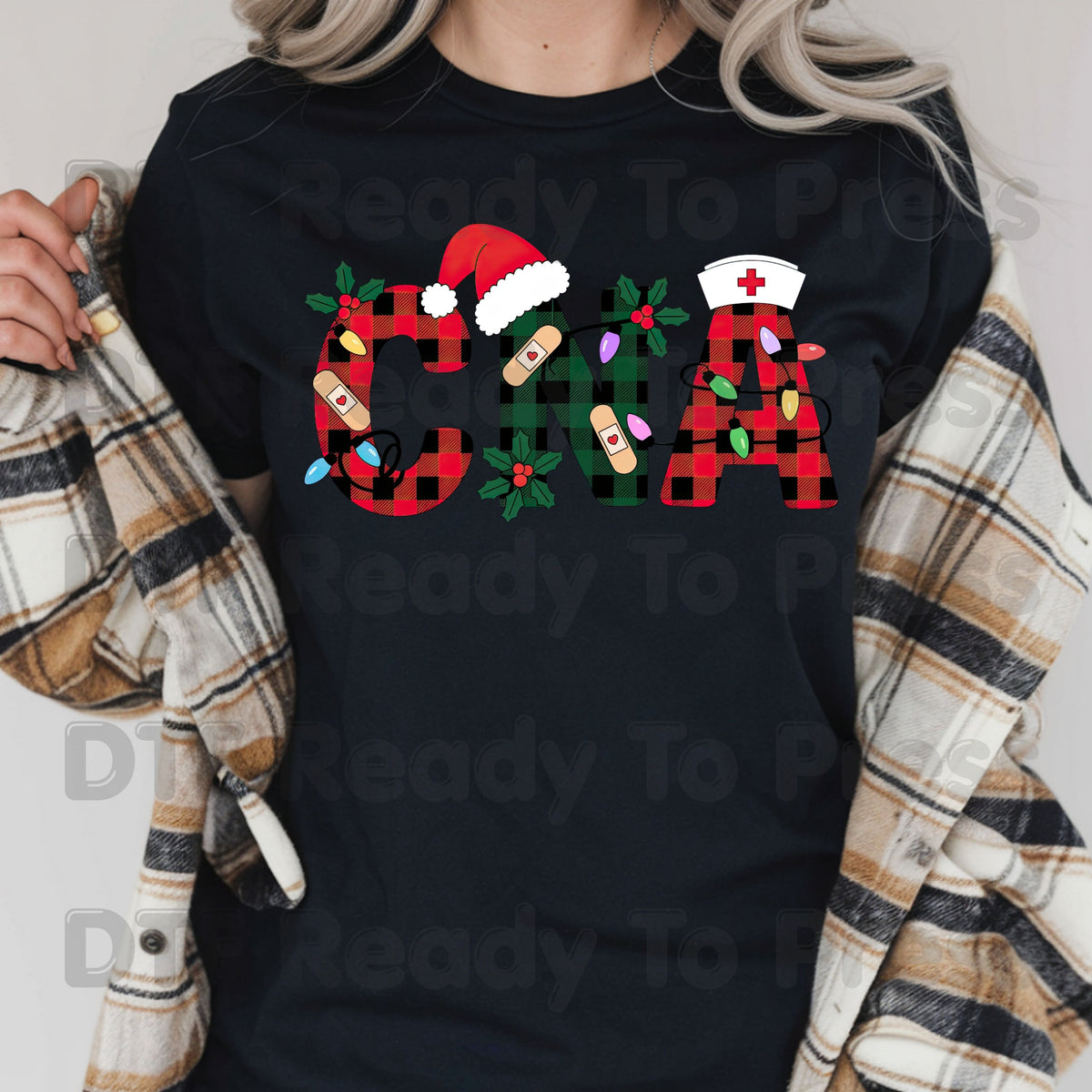 Christmas CNA Buffalo Plaid DTF Transfers, Medical Nursing Lights Bandage Holiday Ready to Press