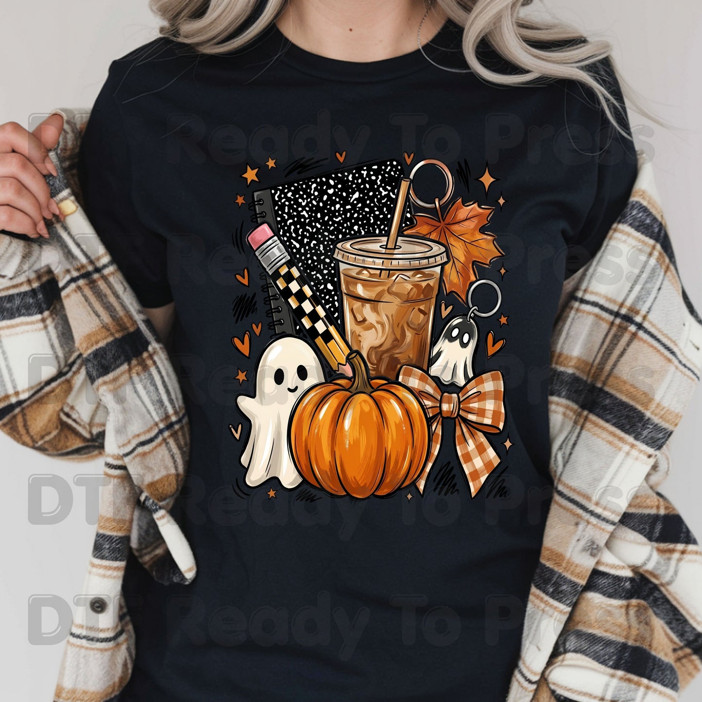 Spooky Teacher DTF Transfer Ready to Press Halloween Fall Heat Transfer For Shirts Iced Coffee Ghost Pumpkin Pencil Composition Notebook