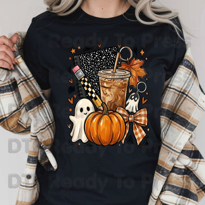 Spooky Teacher DTF Transfer Ready to Press Halloween Fall Heat Transfer For Shirts Iced Coffee Ghost Pumpkin Pencil Composition Notebook