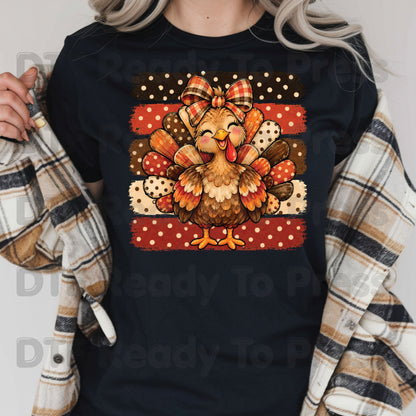 Thanksgiving DTF Transfer, Cute Turkey Bow, Polka Dot Stripes