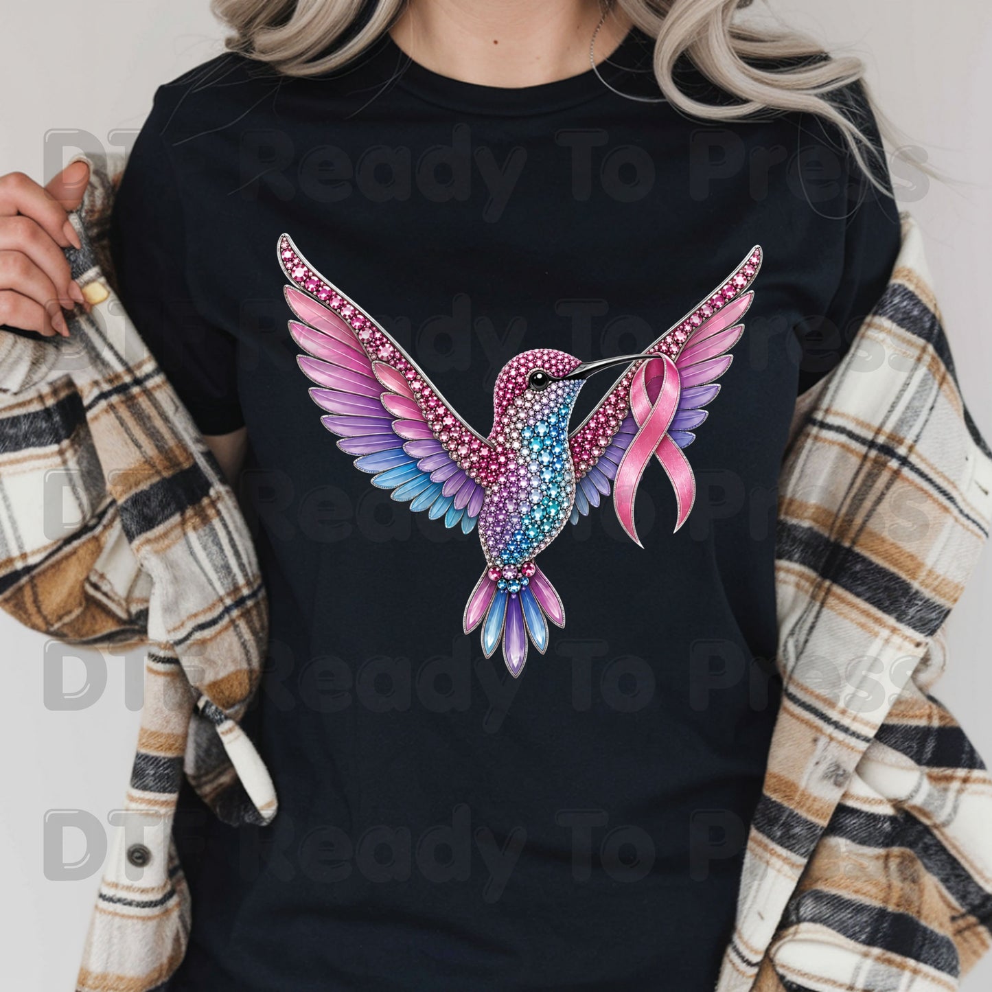 Rhinestone Hummingbird Pink Ribbon Breast Cancer Awareness DTF Transfer Ready to Press Heat Transfer Bird Tee