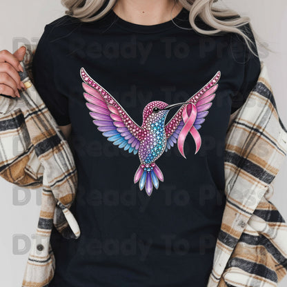 Rhinestone Hummingbird Pink Ribbon Breast Cancer Awareness DTF Transfer Ready to Press Heat Transfer Bird Tee