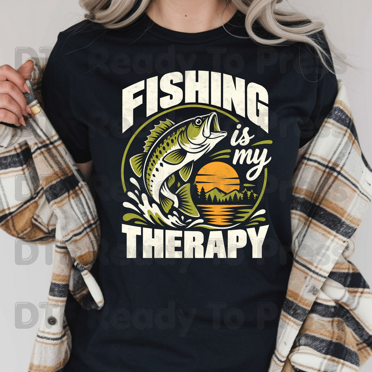 Fishing DTF Transfer, Fishing Is My Therapy, Bass Sunset Outdoors Graphic