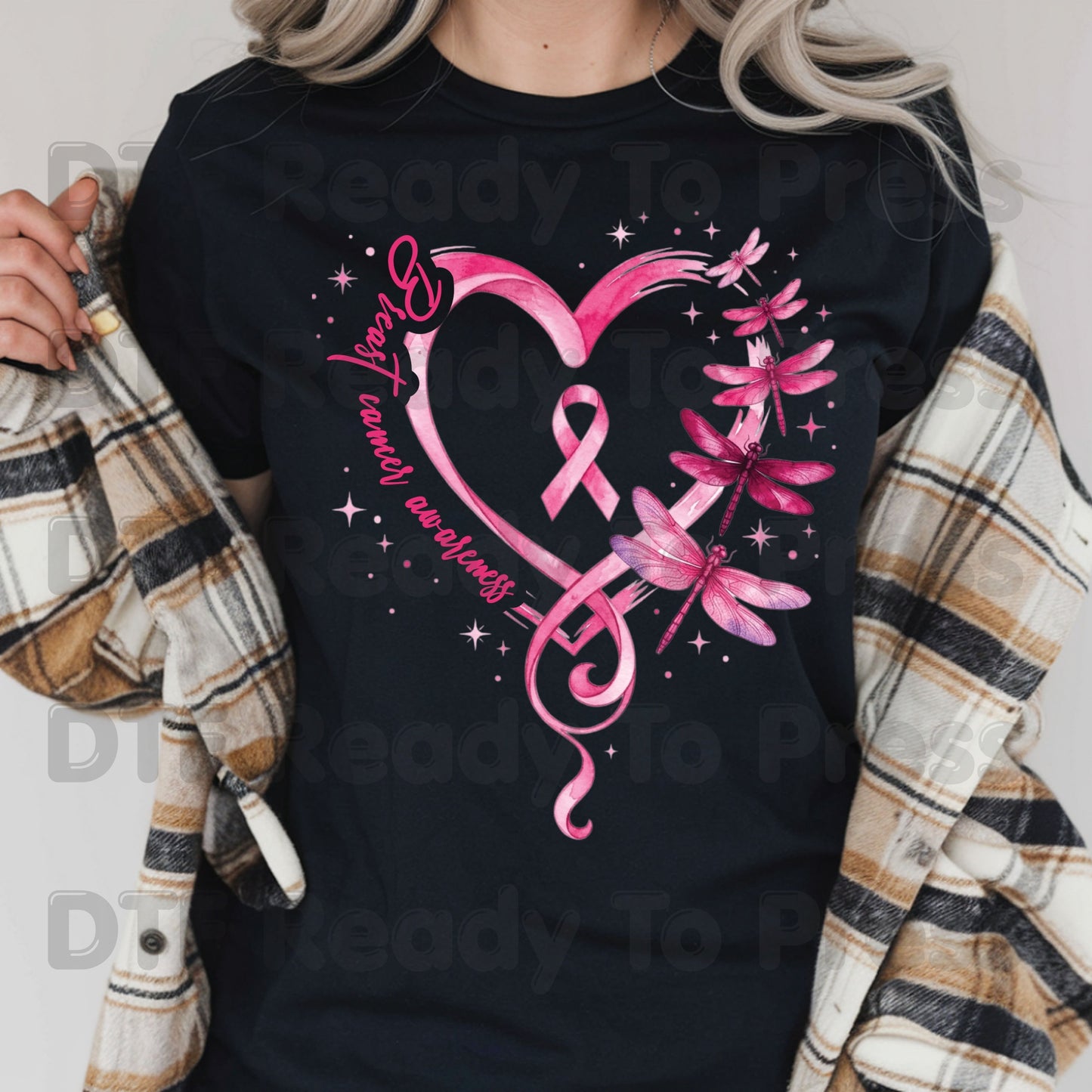 Breast Cancer Awareness Pink Heart Dragonfly DTF Transfer Ready to Press Heat Transfer Ribbon Tee