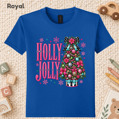 Pink Christmas Tree T-Shirt, Holly Jolly Bow and Snowflake Graphic Tee, Cute Holiday Shirt