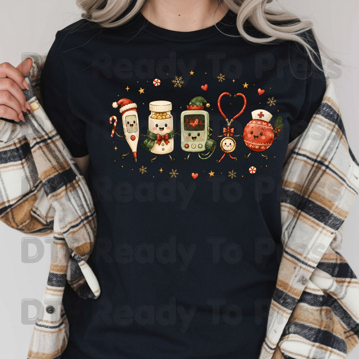 Christmas Cute Nurse Tools DTF Transfers, Medical Stethoscope Ornament Holiday Ready to Press