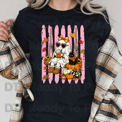 Halloween Ghost DTF Transfer Ready to Press Pink Cute Ghost Swing Heat Transfer For Shirts Spooky Vibes Pumpkin Spice Black Cat Autumn