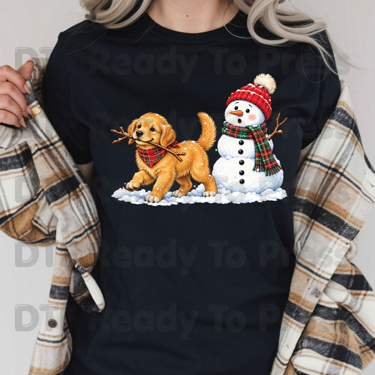 Christmas DTF Transfer, Golden Retriever Puppy with Snowman and Plaid Scarf