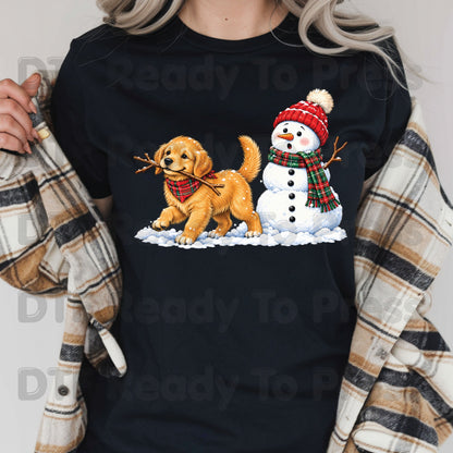 Christmas DTF Transfer, Golden Retriever Puppy with Snowman and Plaid Scarf