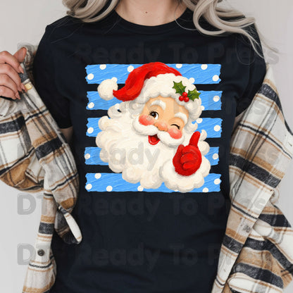 Vintage Winking Santa DTF Transfers, Blue Striped Background Christmas Holiday Ready to Press