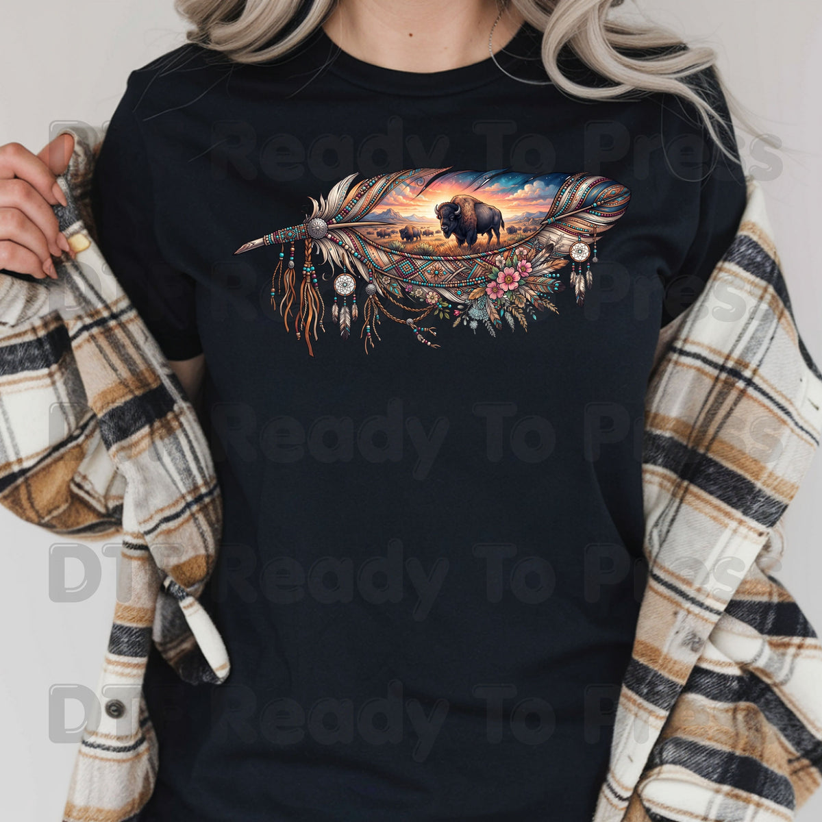 Western Buffalo Feather DTF Transfers, Dreamcatcher Boho Bison Tribal Sunset Ready to Press
