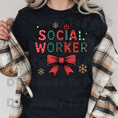Christmas Social Worker Bow DTF Transfers, Community Snowflake Polka Dot Holiday Ready to Press