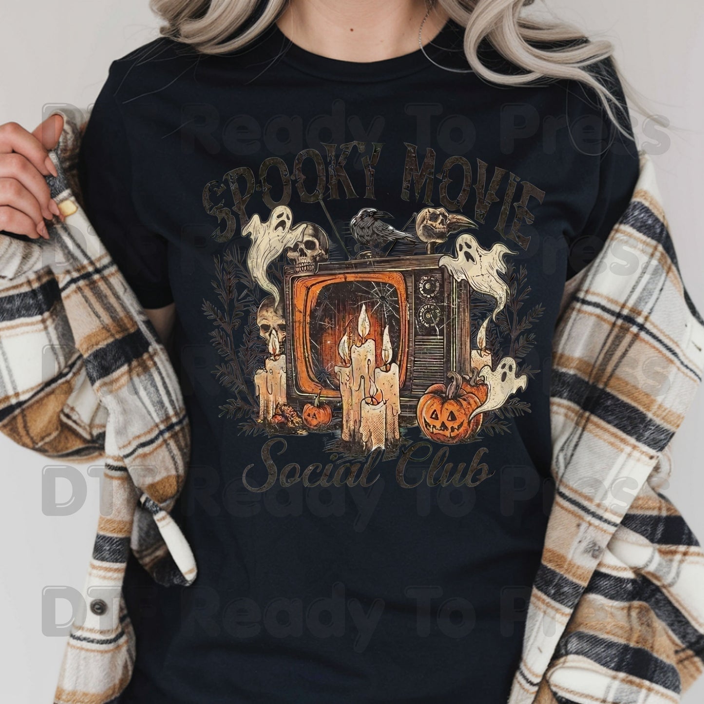 Spooky Movie Social Club DTF Transfers, Vintage Horror TV Ghosts Pumpkin Candles Halloween Ready to Press