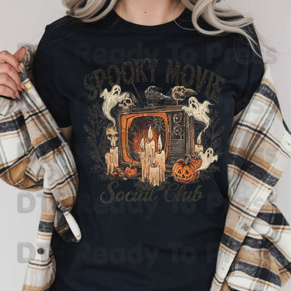 Spooky Movie Social Club DTF Transfers, Vintage Horror TV Ghosts Pumpkin Candles Halloween Ready to Press
