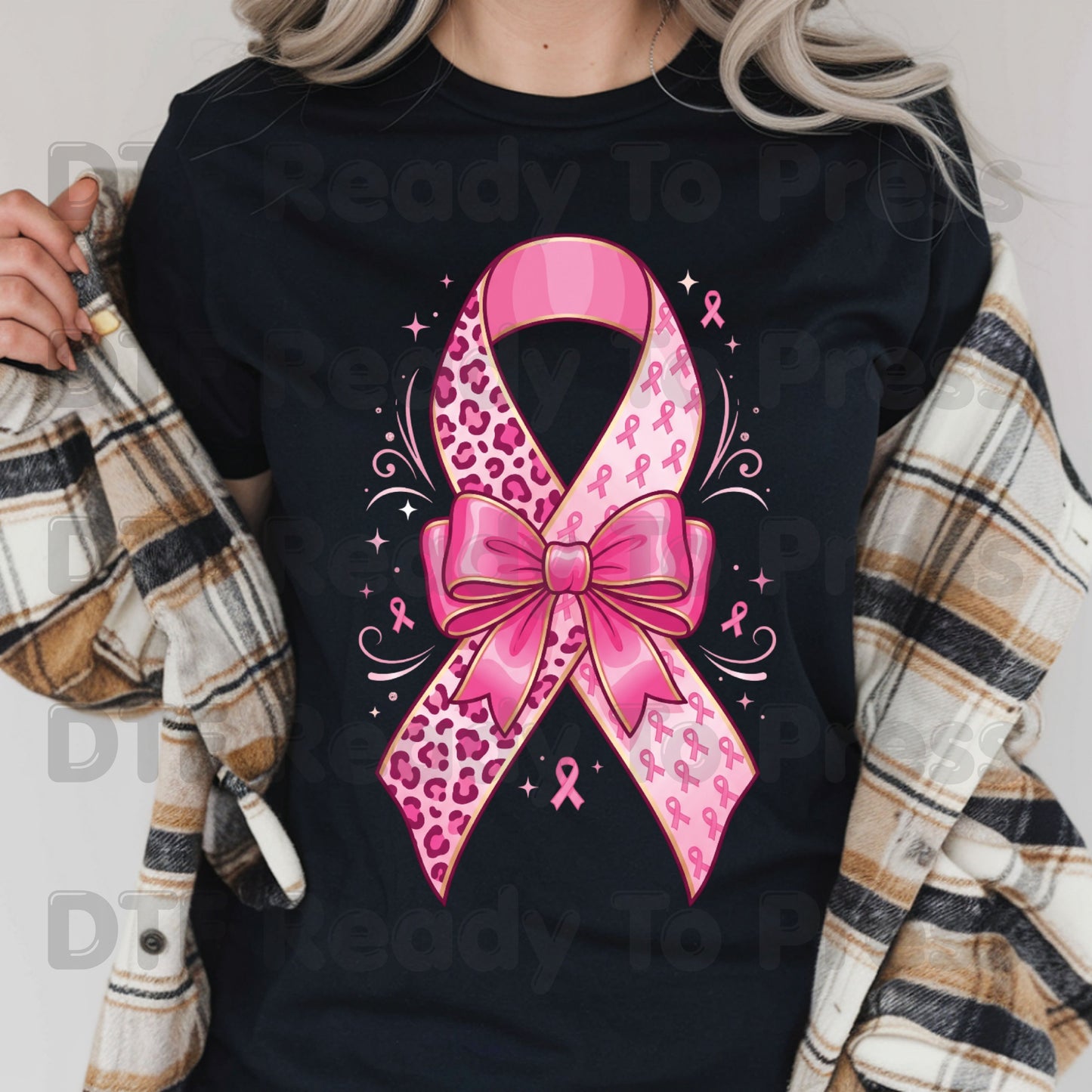 Leopard Pink Ribbon Bow Breast Cancer Awareness DTF Transfer Ready to Press Heat Transfer Tee