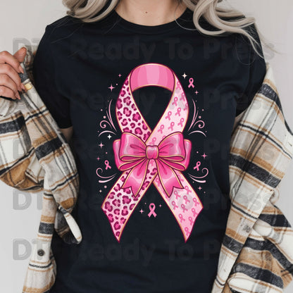 Leopard Pink Ribbon Bow Breast Cancer Awareness DTF Transfer Ready to Press Heat Transfer Tee