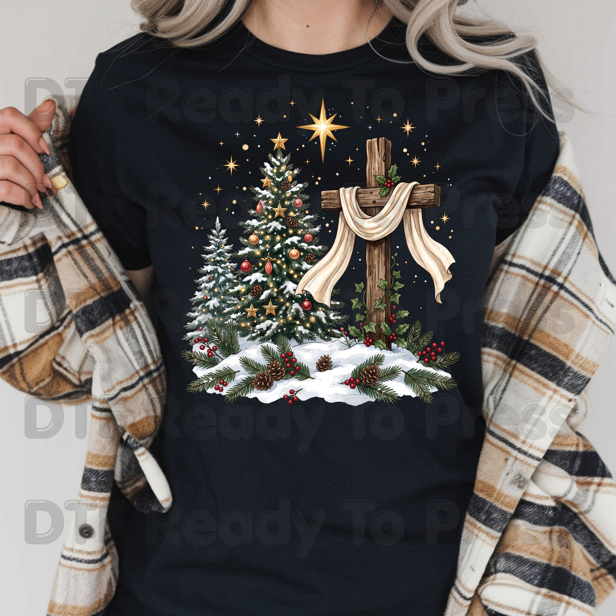 Christmas DTF Transfer, Christian Wooden Cross Star Christmas Tree Graphic