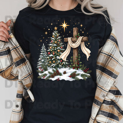 Christmas DTF Transfer, Christian Wooden Cross Star Christmas Tree Graphic