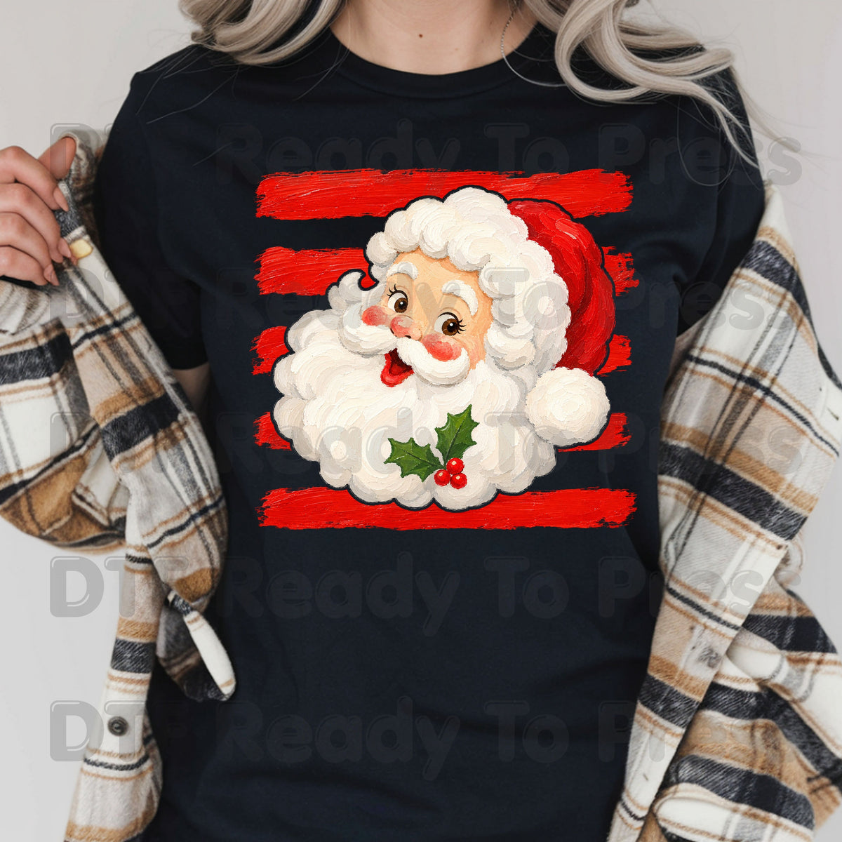 Vintage Santa Claus DTF Transfers, Red Striped Background Festive Christmas Holiday Ready to Press