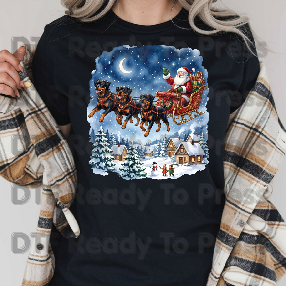 Christmas DTF Transfer, Santa Sleigh with Flying Rottweiler Dogs