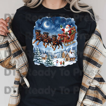 Christmas DTF Transfer, Santa Sleigh with Flying Rottweiler Dogs