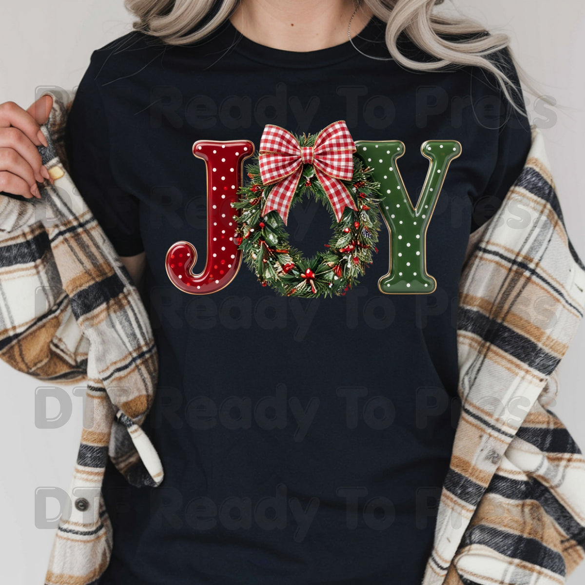 Joy Christmas DTF Transfers, Wreath Plaid Bow Polka Dot Letters Festive Holiday Ready to Press