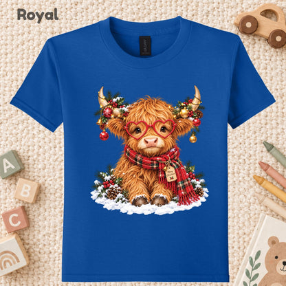 Christmas Highland Cow T-Shirt, Heart Glasses and Scarf Graphic Tee, Cute Holiday Shirt