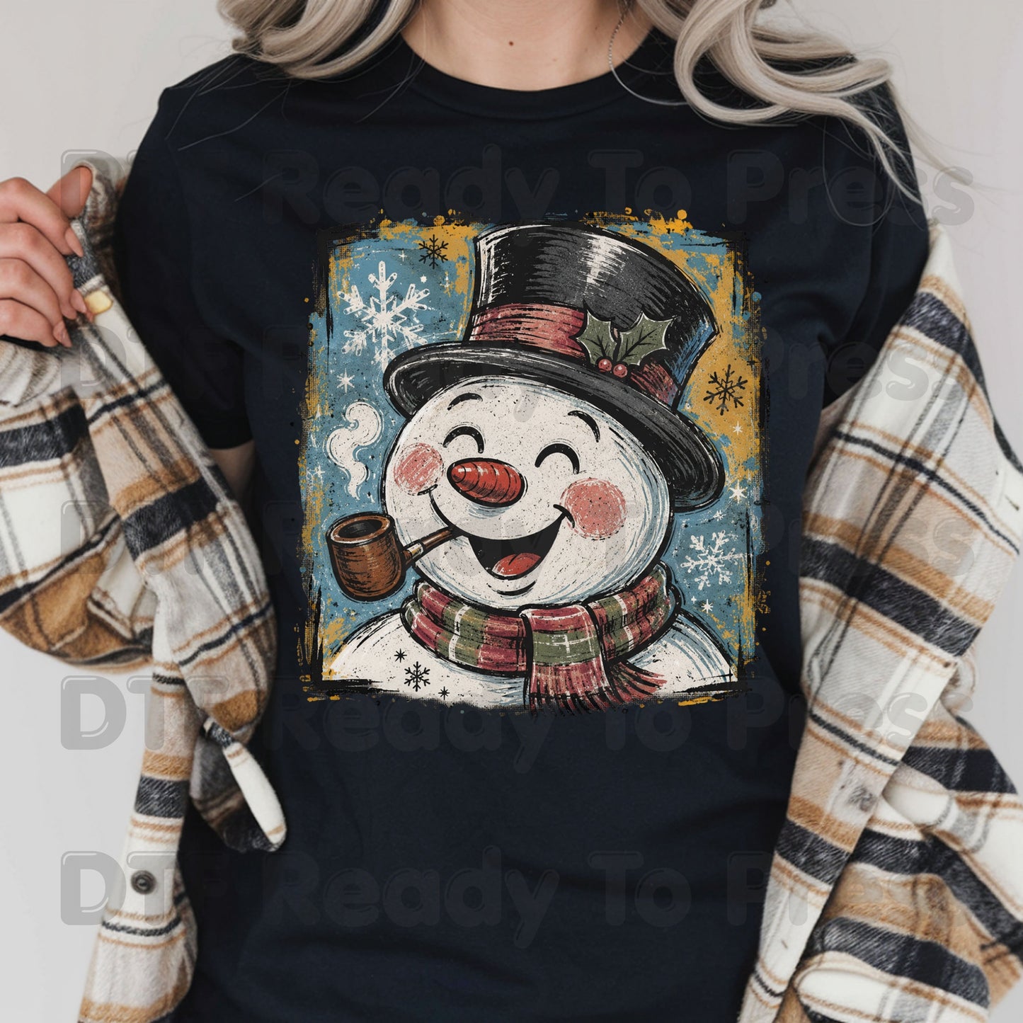 Vintage Snowman DTF Transfers, Top Hat Pipe Snowflakes Scarf Christmas Ready to Press
